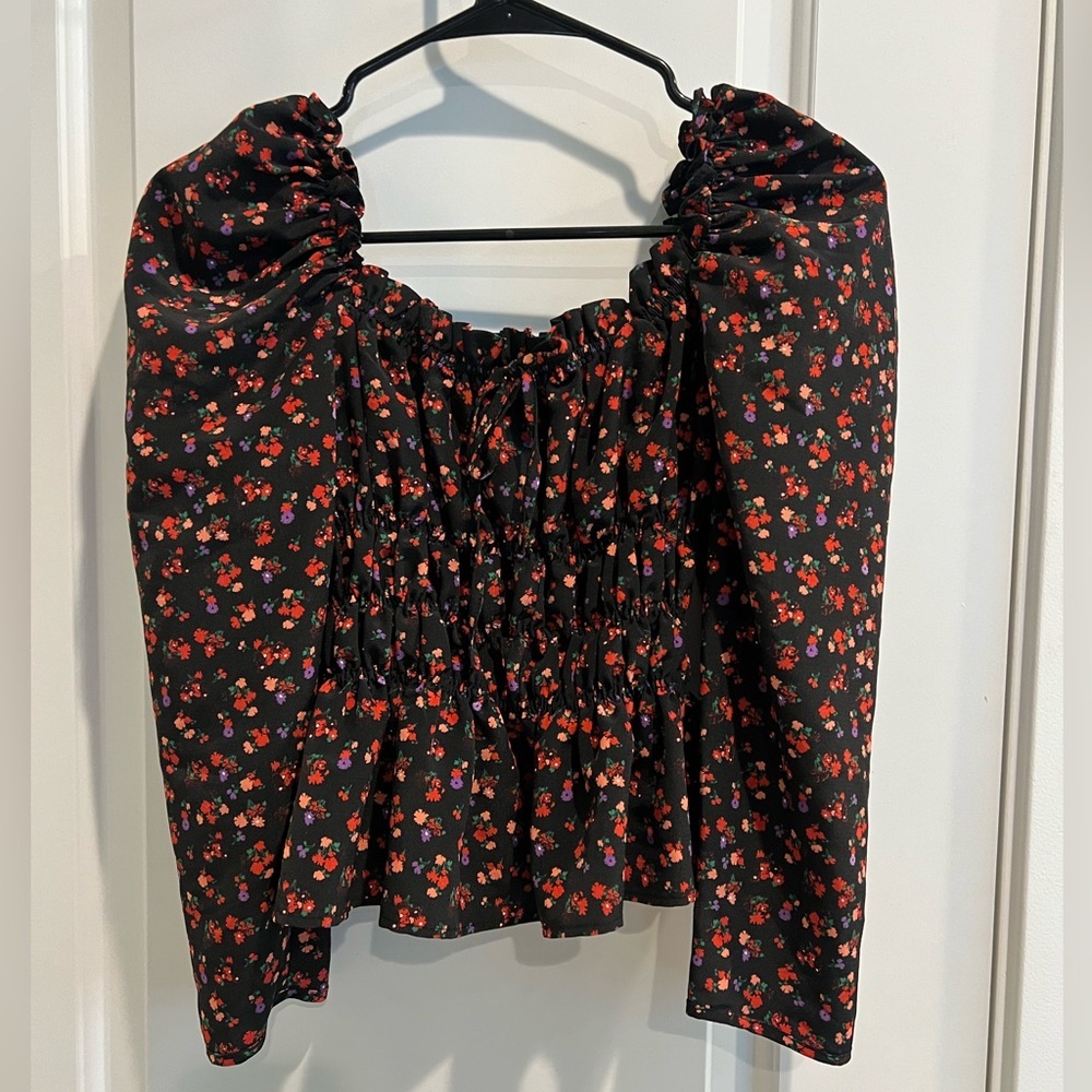 Topshop Red Smocked Long Sleeve Blouse 4